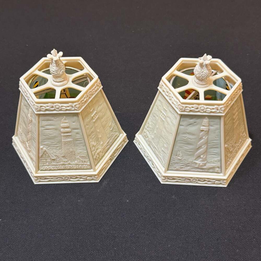 Pair of Vintage Lighthouse Lithophane 6-Panel Lamp Shades with Resin Finials SEE